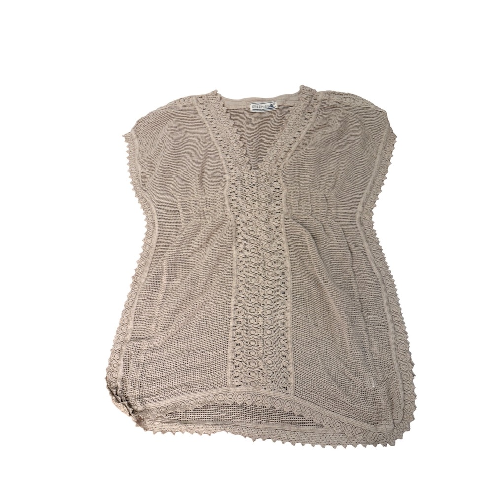 Seaspice Resort Wear Beige Peruvian Cotton Crochet Lace Trim Cover Up Top Small